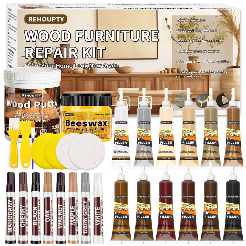 REHOUPTY Wood Furniture Repair Kit AllinOne Laminate Floor Repair Kit Wood Putty 12 Colors Wood Filler 8 Colors Furniture Markers and Beeswax Wood Repair for Scratch Cracks Hole Discoloration